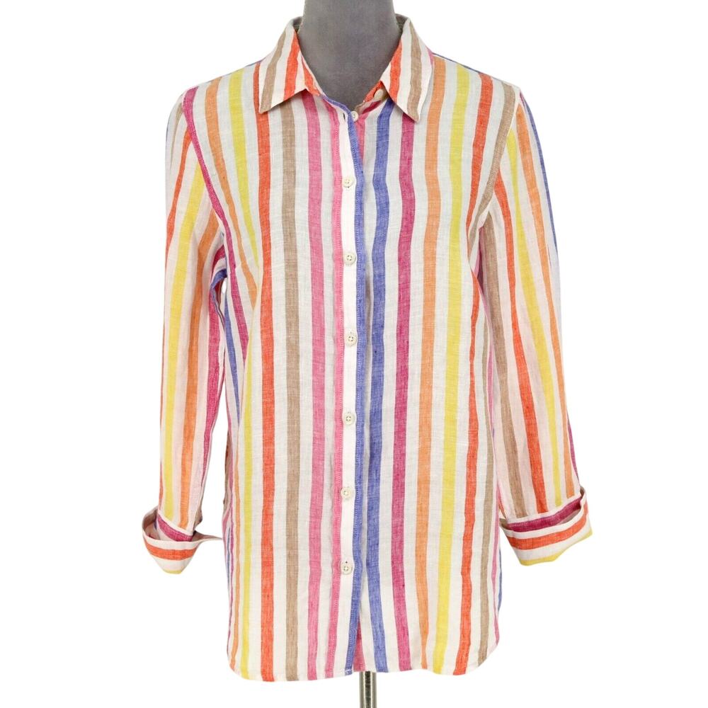 Talbots Top Petites MP PM Linen Blouse Blue Pink Yellow Stripe Beach Resort